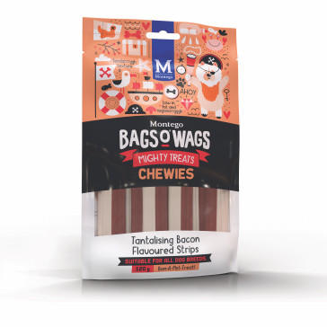 Montego Bags O Wags Tantalising Bacon Chewies Tubs Dog Treats-120g
